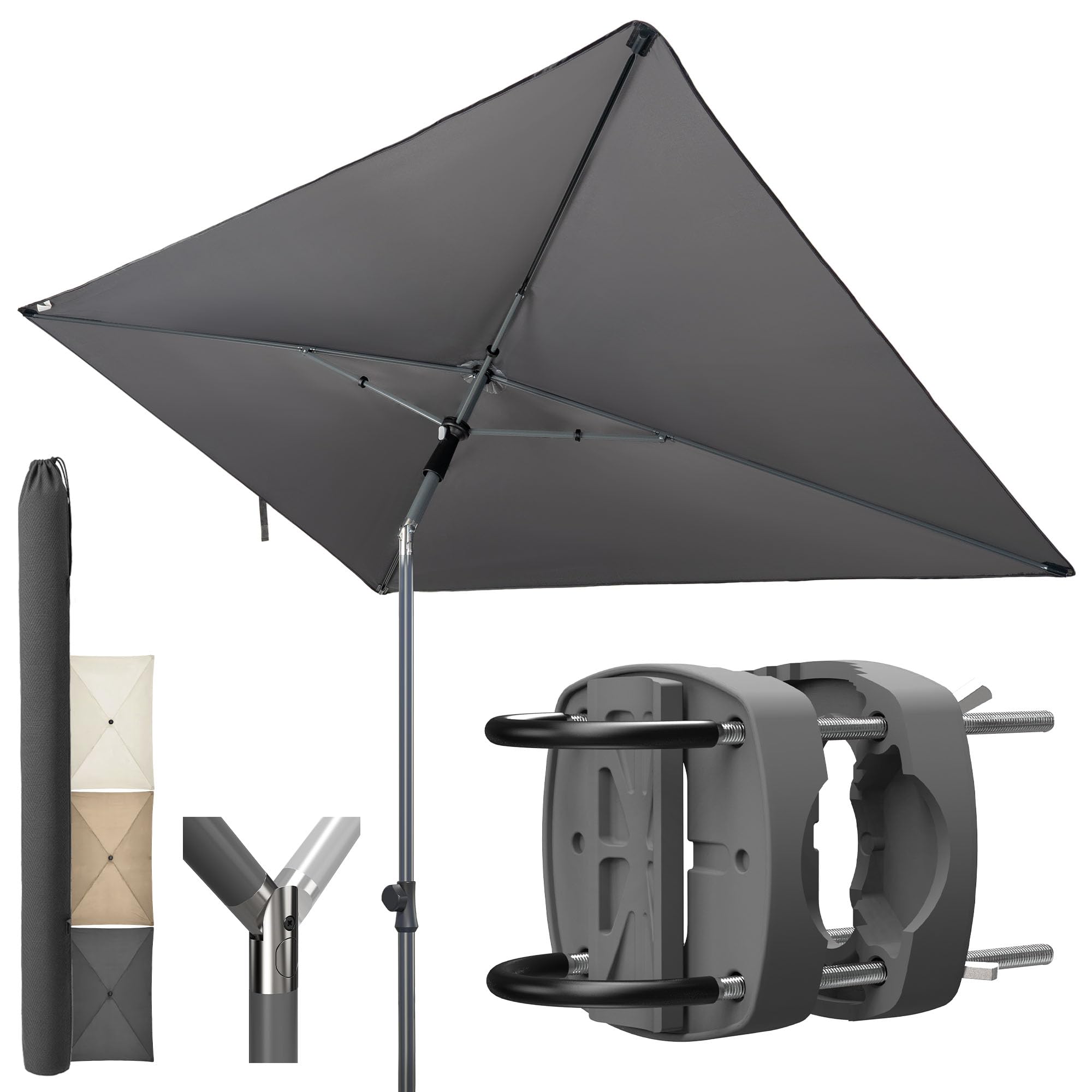 Menz Sonnenschirm Balkon - 3-IN-1 Sonnenschutz Balkon SET UPF 50+ Sonnenschirm rechteckig 200 x 125cm + Sonnenschirmhalter Balkongeländer + Sonnenschirmhülle