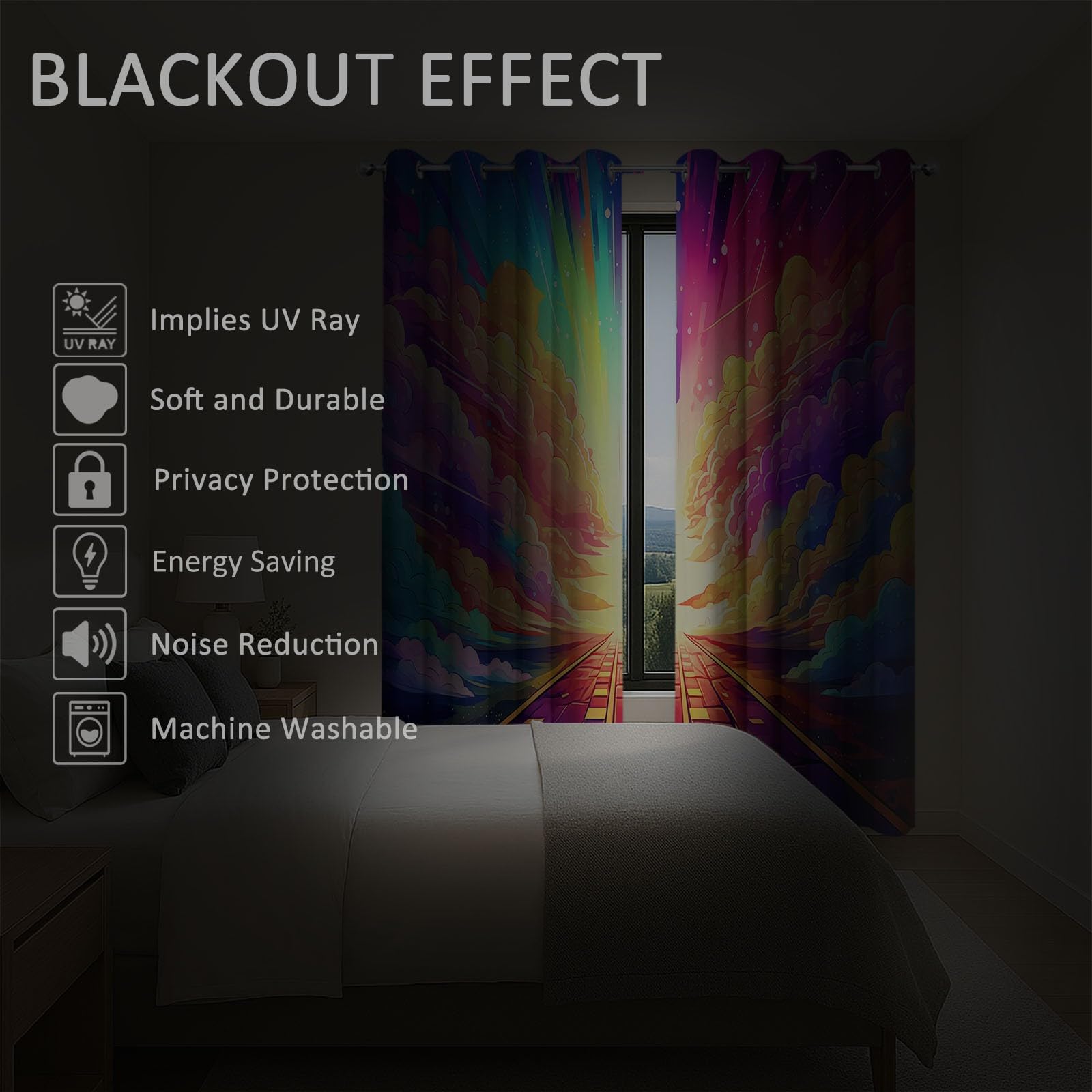Couleur Rideau Occultant à Oeillets, Rêve Univers Nuages Route Rideaux Isolant Thermique Anti Bruit, Protection de la Vie Privée Décoration Rideau pour Chambre à Coucher 110 x 215 cm, 2 Pièces