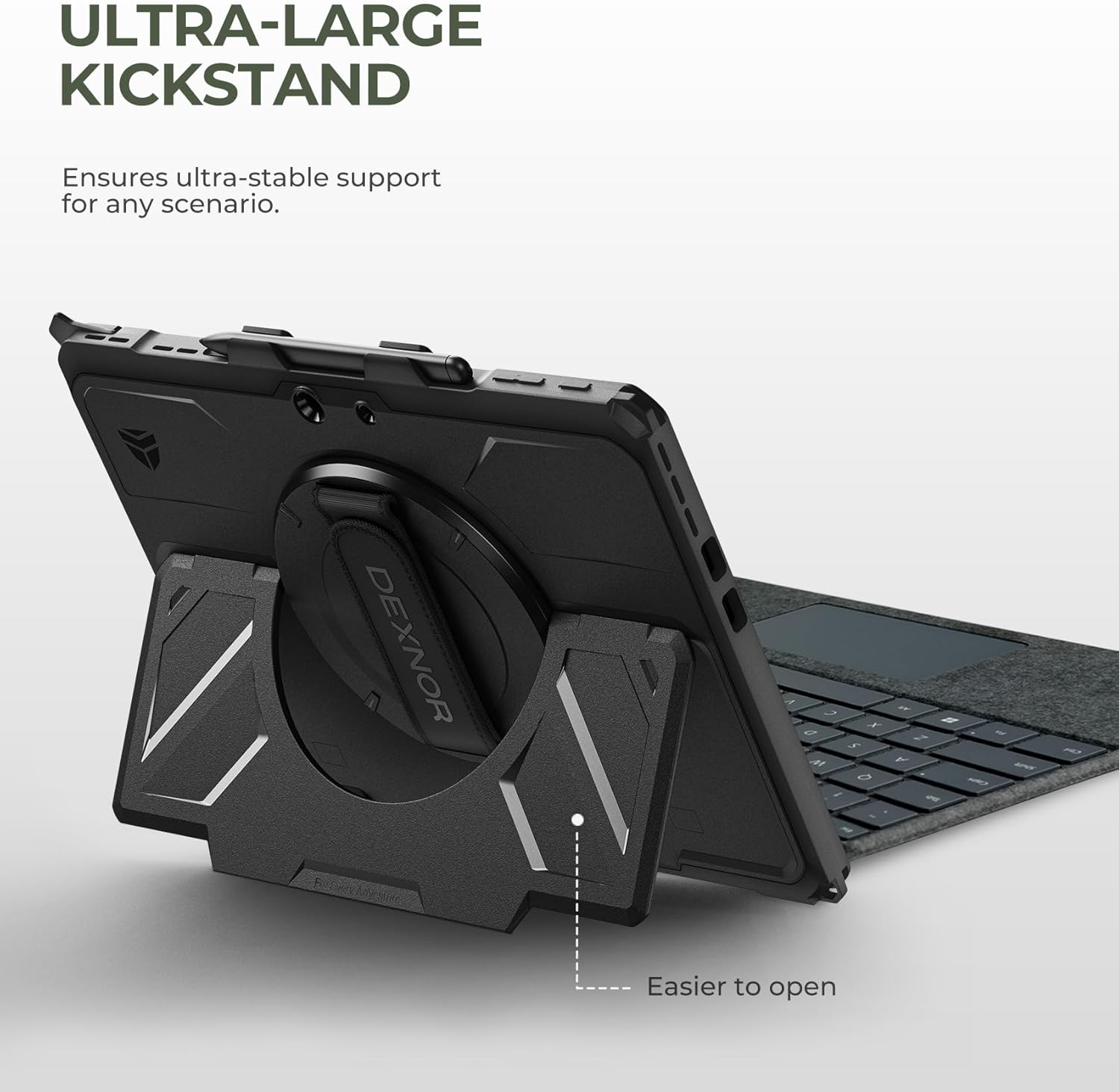 Dexnor for Microsoft Surface Pro 11/10/9 Case 13 inch 2024/2022, Rugged Protective Case with 360° Rotating Hand Strap & Large Stand & Pen Holder Shockproof Full-Body Cover, Black