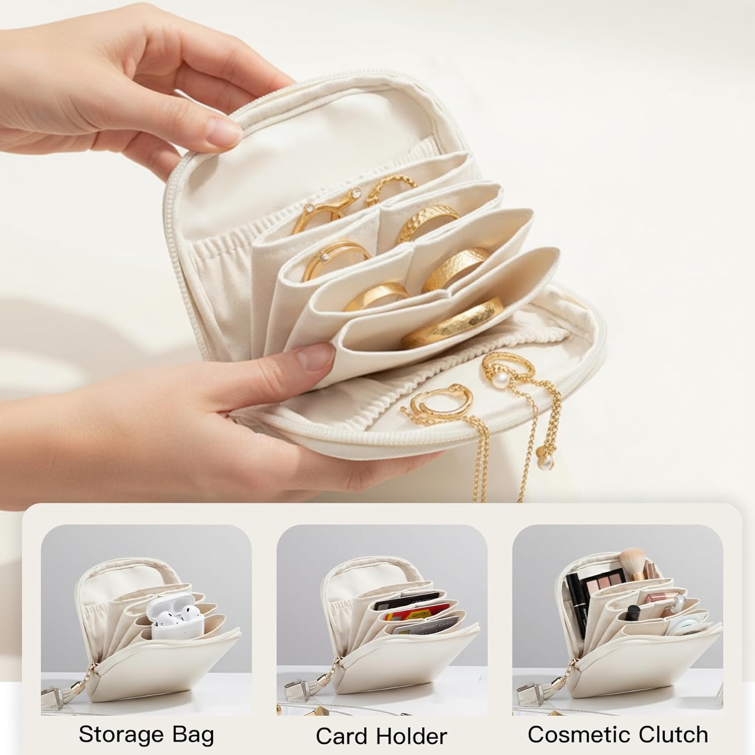 Small Travel Jewelry Case, Valentines Gifts for Women, Velvet Jewelry Pouch Bags with Tassel Zipper, Portable Travel Jewelry Organizer Storage for Bracelet Rings Earring, Beige - Image 4