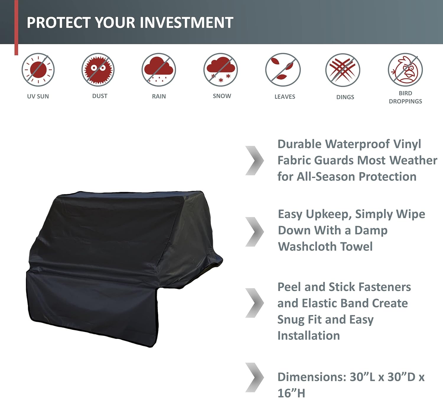 Formosa Covers Heavy Duty 30 Inch Built-in Grill Cover - 4 Burner Outoor Gas Grill Cover, Waterproof Vinyl + Cotton-Lined, Peel and Stick Fasteners 30" L x 30" D x 16" H Vinyl Black