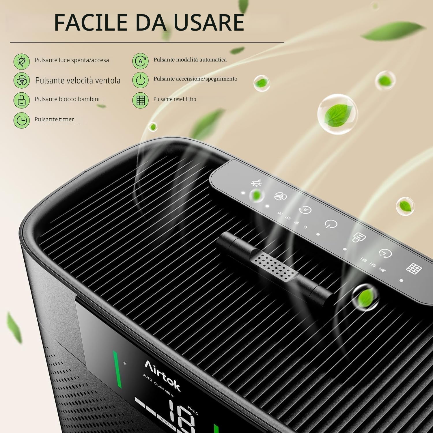 AIRTOK Purificatore d'Aria con Monitoraggio della qualità dell'aria PM 2.5, modalità Sleep, Aromaterapia, per Casa 1300 Ft², Filtro HEPA Rimuove 99,97% di Allergeni Fumo Polvere Polline di Pet Odore