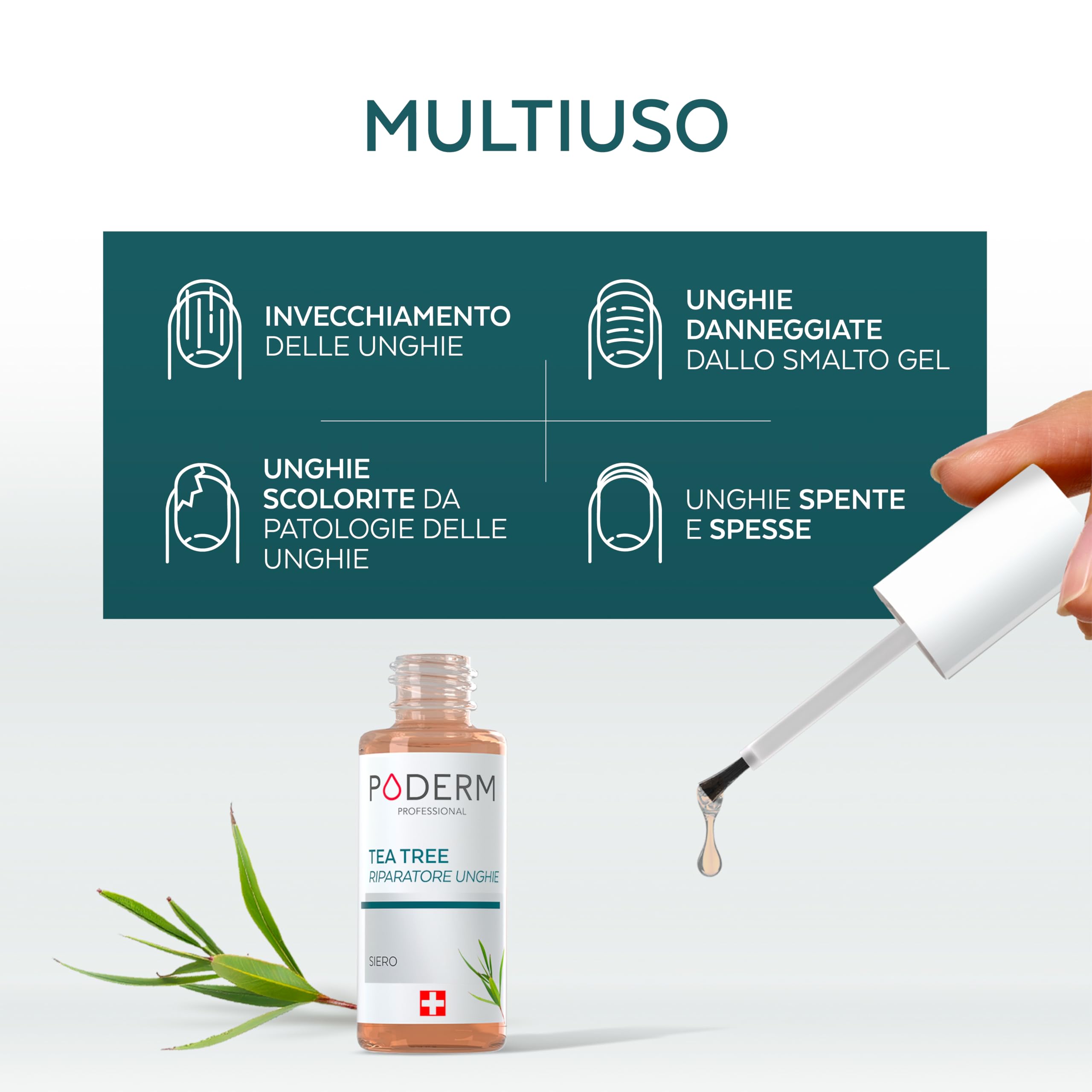 PODERM Tea Tree Riparatore Unghie 6 ml – Siero 4-in-1 | Migliora l’aspetto delle unghie danneggiate, ingiallite e spente – Uniforma lo spessore – Risultati visibili dal primo giorno – Swiss Made
