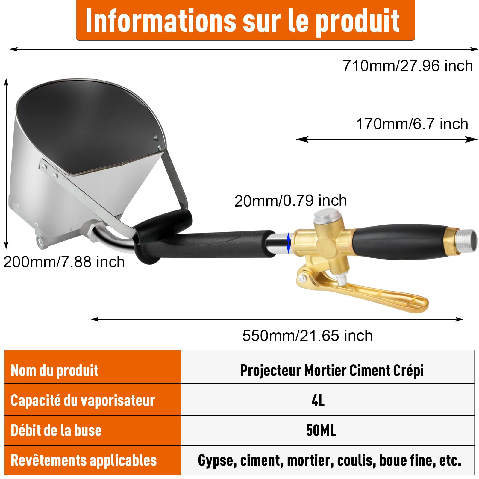 Pistolet de mortier de Ciment,Pulvérisateur de Mortier,Pistolet de pulvérisation Machine à plâtrer，4L sablage pour Ciment Grossier et Fin, Enduit de béton de plâtre