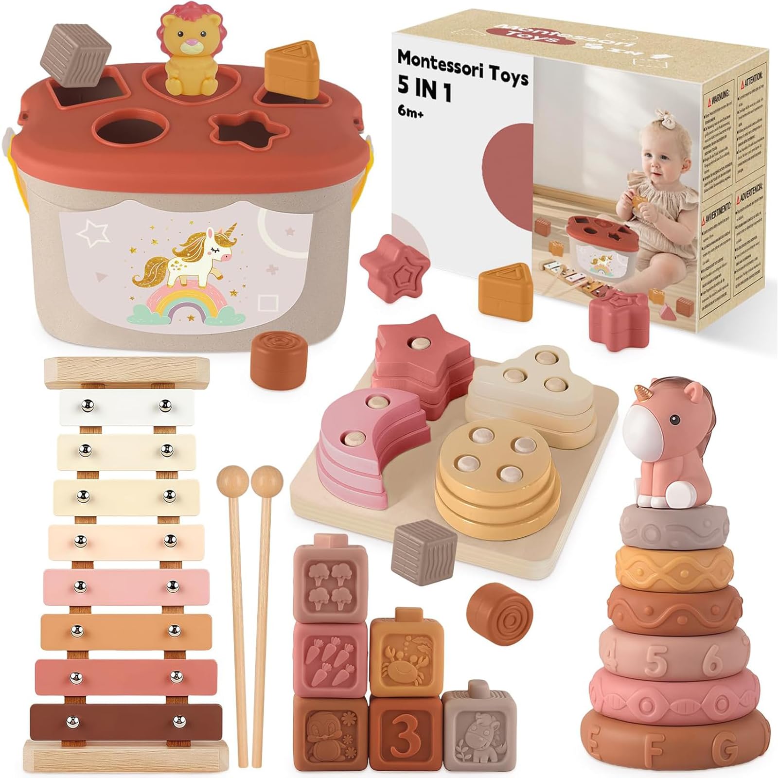 Anook Giochi Montessori 6 Mesi, 5 in 1 Giochi Neonato 6 8 9 12 Mesi | Giochi Bambini 6 8 9 12 Mesi con Giocattoli da Impilare e Ordinare ,Xilofono, costruzioni morbide, Regalo nascita bimba