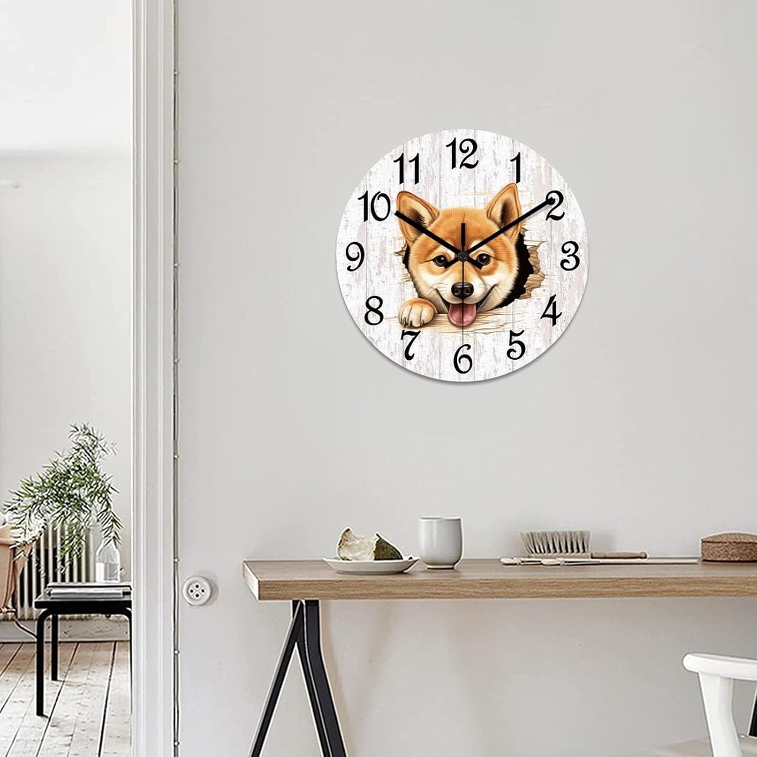 Shiba Inu Wall Clock Puppy Doggy PVC Wall Clock 15inch Rustic Farmhouse Clock Silent Battery Operated Round Wall Decor for Bedroom Master Room