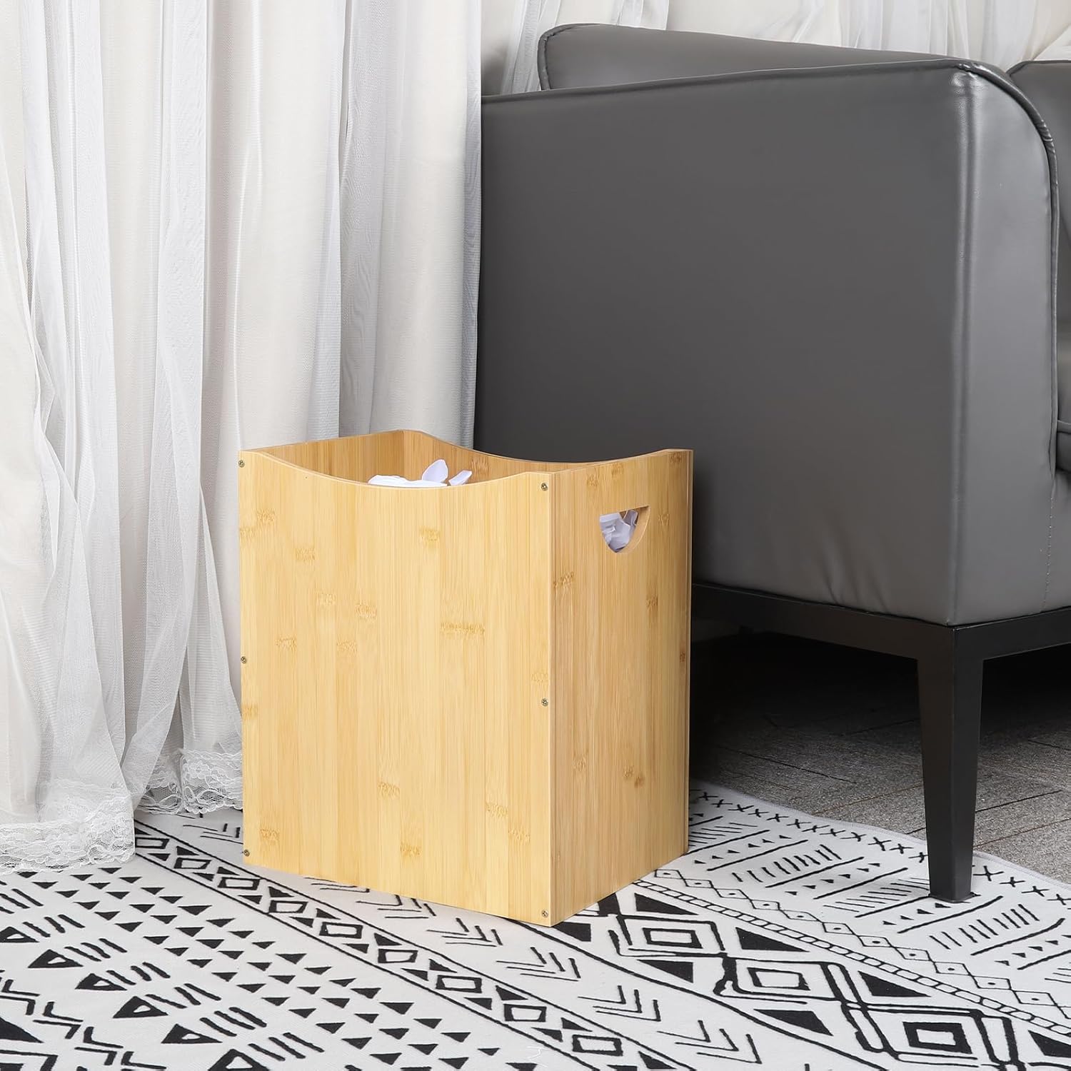 Bathroom Trash Can 5 Gallon Bamboo Trash Can Large Trashcans Farmhouse Wood Waste Basket Wastebaskets with Handles Office Garbage Cans for Under Desk Dustbin for Bedroom Kitchen