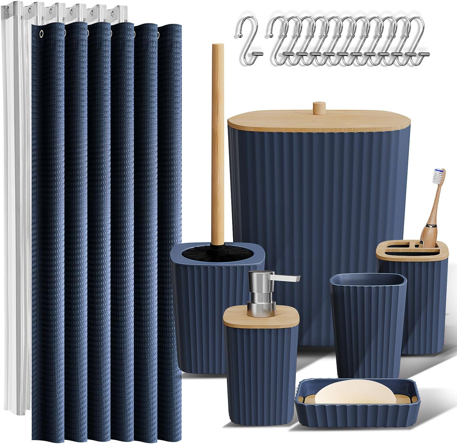 Clara Clark Bathroom Accessories Set - Bathroom Set, Bathroom Accessory Set, Shower Curtain Set, Toilet Brush, Trash Can & Soap Dispenser - Navy - 20PC