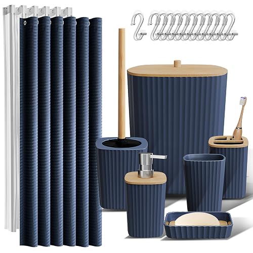 Clara Clark Bathroom Accessories Set - Navy Bathroom Set, 20PC Bathroom Accessory Set, Shower Curtain Set, Toilet Brush, Trash Can & Soap Dispenser - Complete Set - Navy Blue