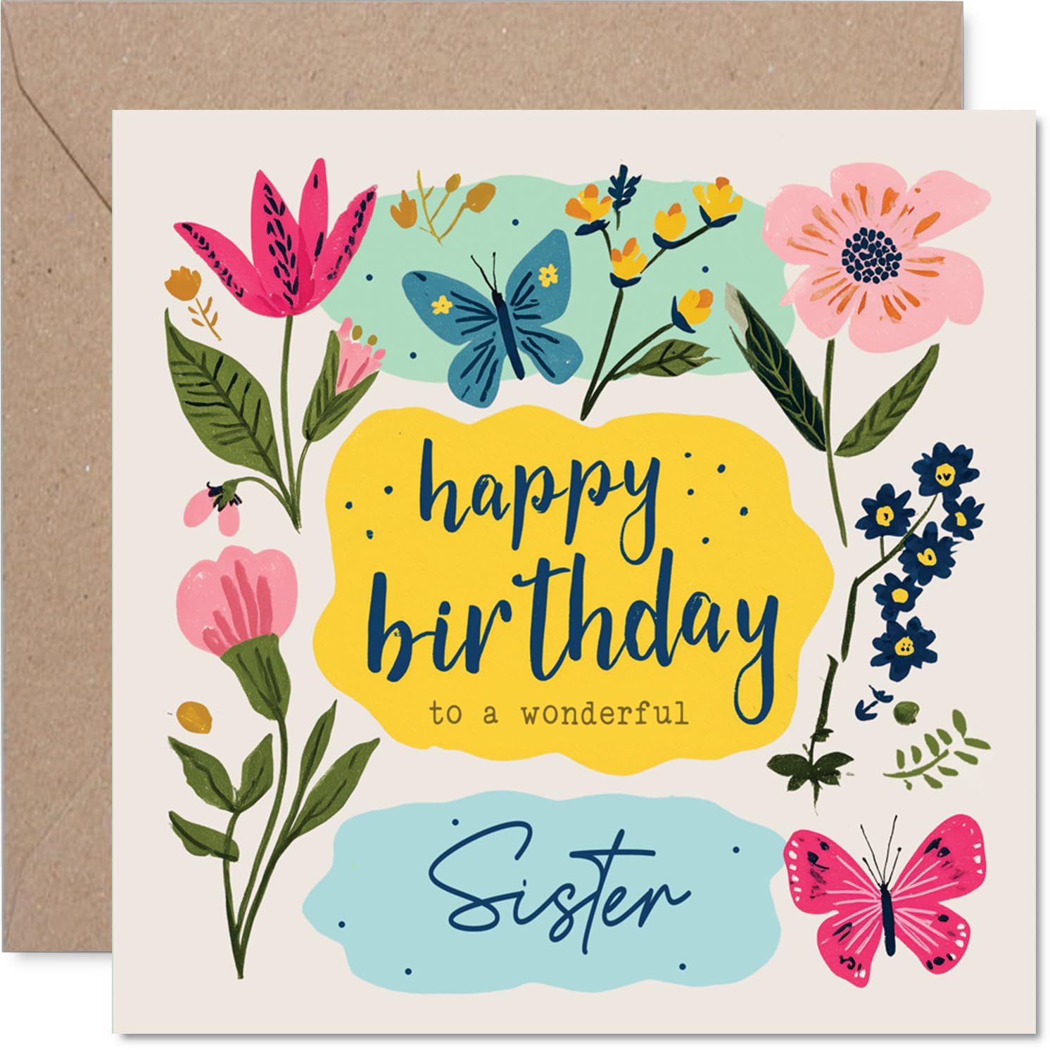 Heartfelt Birthday Card for Sister - Bright Blooms and Fluttering Butterflies - Cheerful Floral Artwork for a Lovely Sister - 145mm Square, Envelope Included
