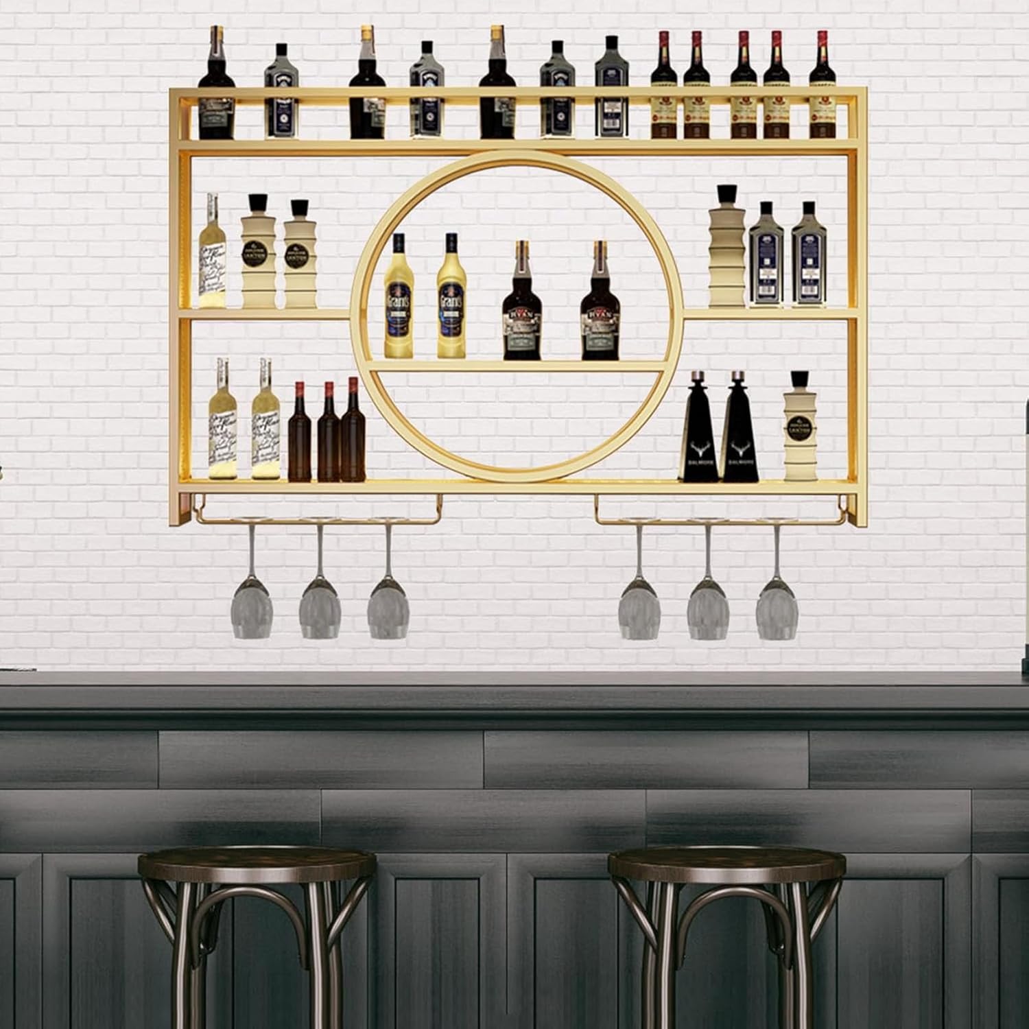 Modern Industrial Wall Mounted Wine Rack with Glass Holder Stylish Metal Wine Display Shelf for Home Bar Decor Floating Shelves nizer Gold 39.4x5.9x31.5in