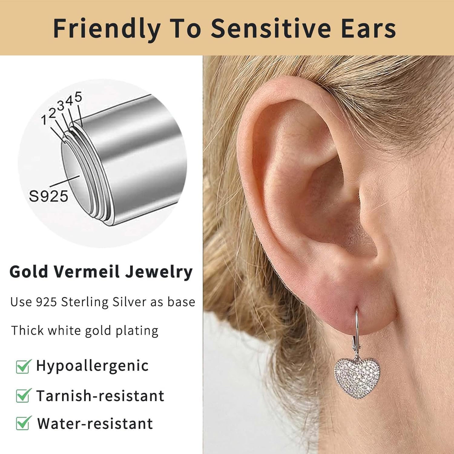 KOMORU Moissanite Heart Leverback Dangle Earrings for Women, 925 Sterling Silver Hypoallergenic Pave Drop Jewelry, Wedding Bridal & Valentine Gift