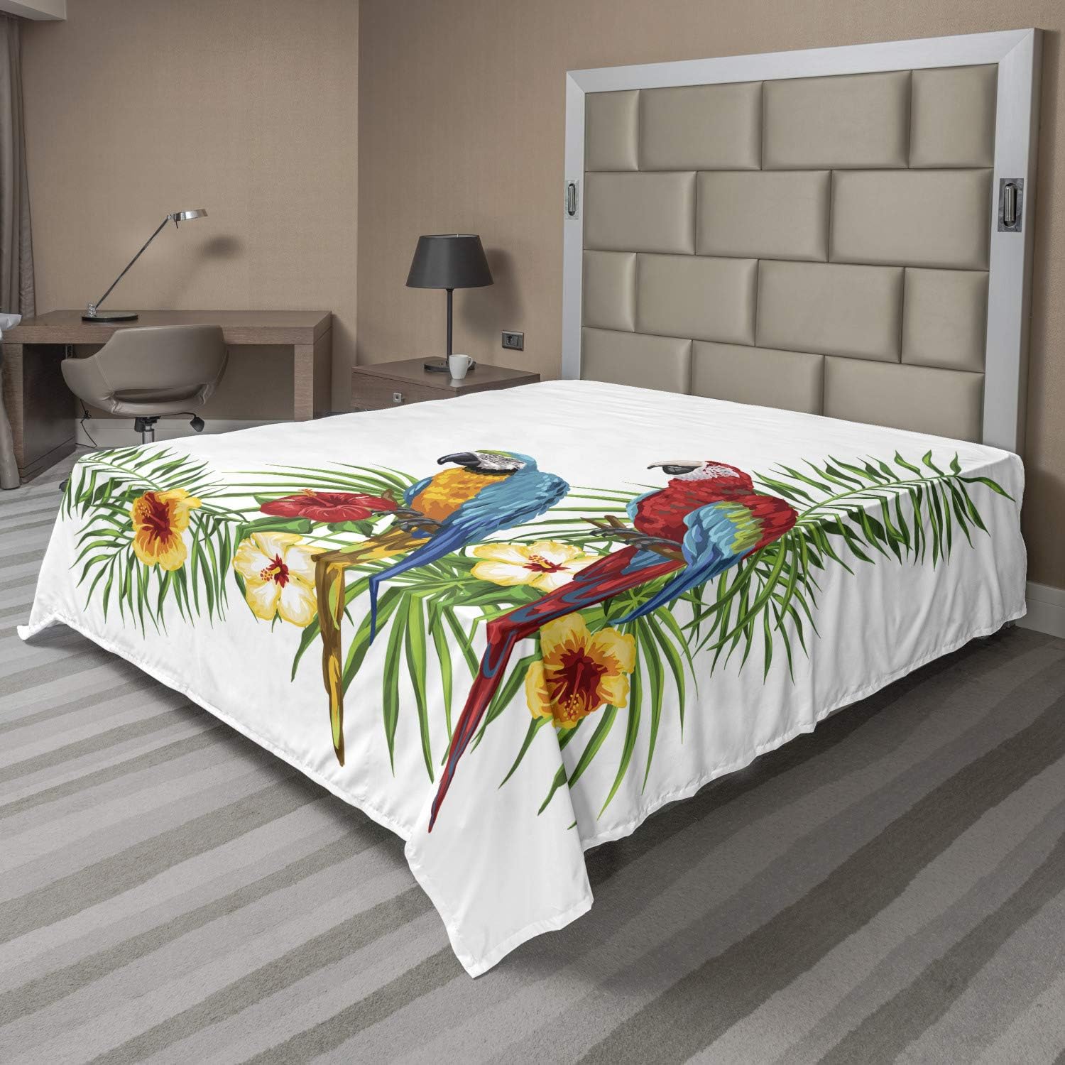 Ambesonne Bird Print Flat Sheet, Tropical Artwork of 2 Exotic Parrots Palm Leaves and Hibiscus Flowers, Soft Comfortable Top Sheet Decorative Bedding 1 Piece, Queen Size, Multicolor