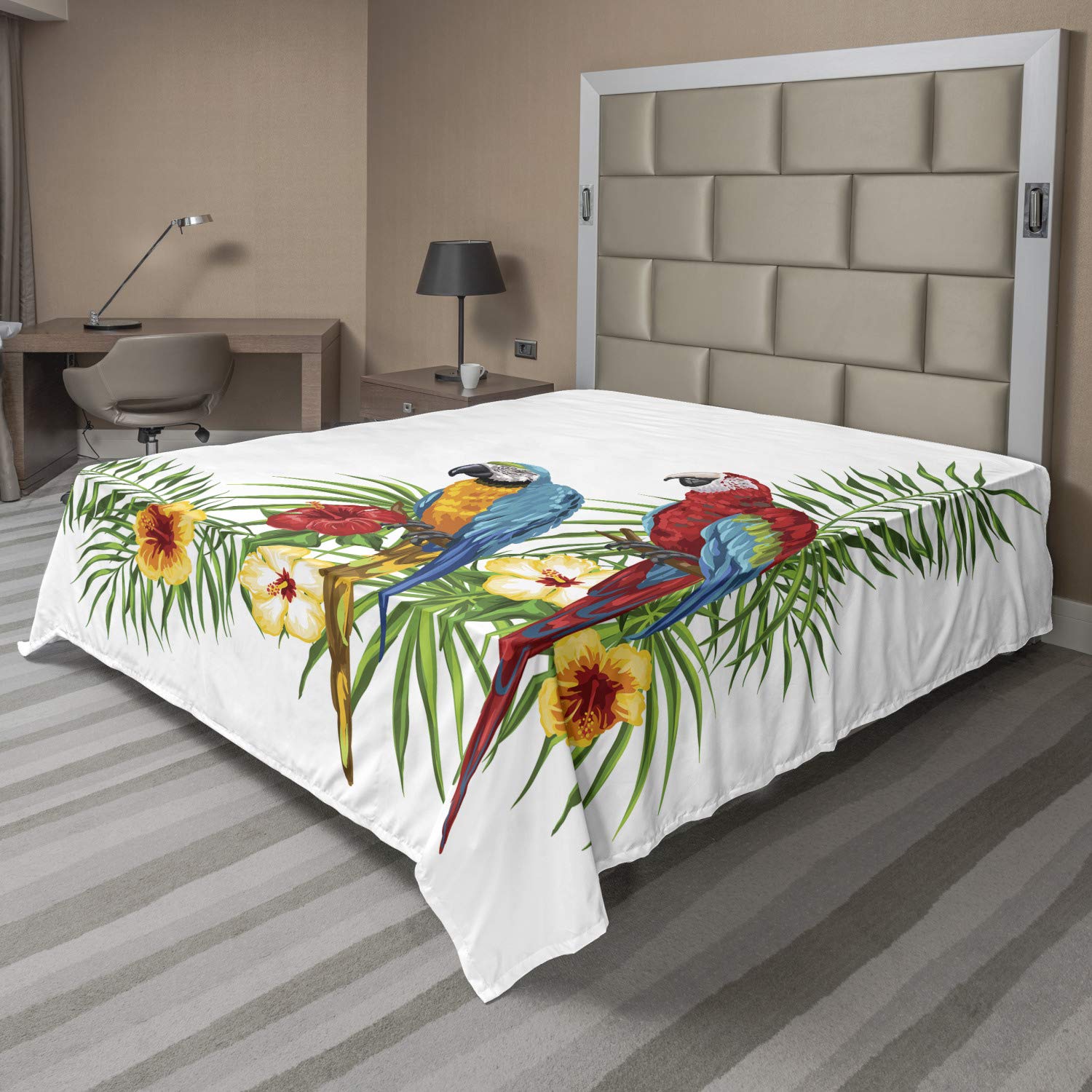 Ambesonne Bird Print Flat Sheet, Tropical Artwork of 2 Exotic Parrots Palm Leaves and Hibiscus Flowers, Soft and Comfortable Top Sheet Decorative Bedding 1 Piece, Full Size, Multicolor