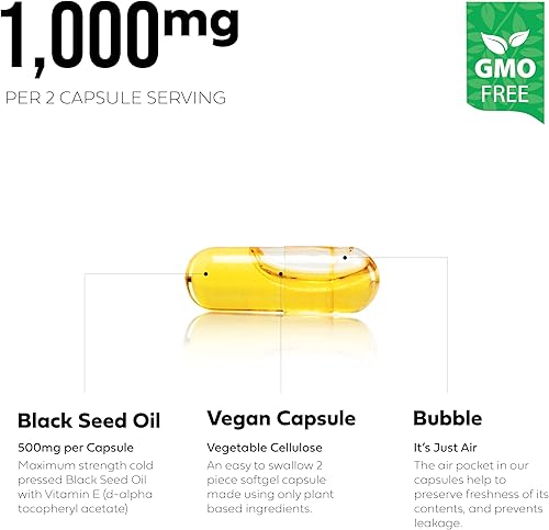 Miniatura 3 de Cápsulas de aceite de semilla negra  (OMG y vegano) prensado en frío Nigella sativa que proporciona aceite de semilla de comino negro puro  Super