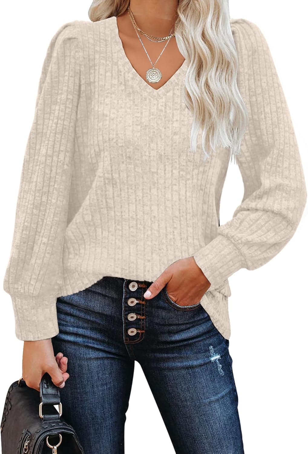 JomeDesign Sweaters for Women Long Sleeve V Neck Shirts Lightweight Casual Tunic Tops
