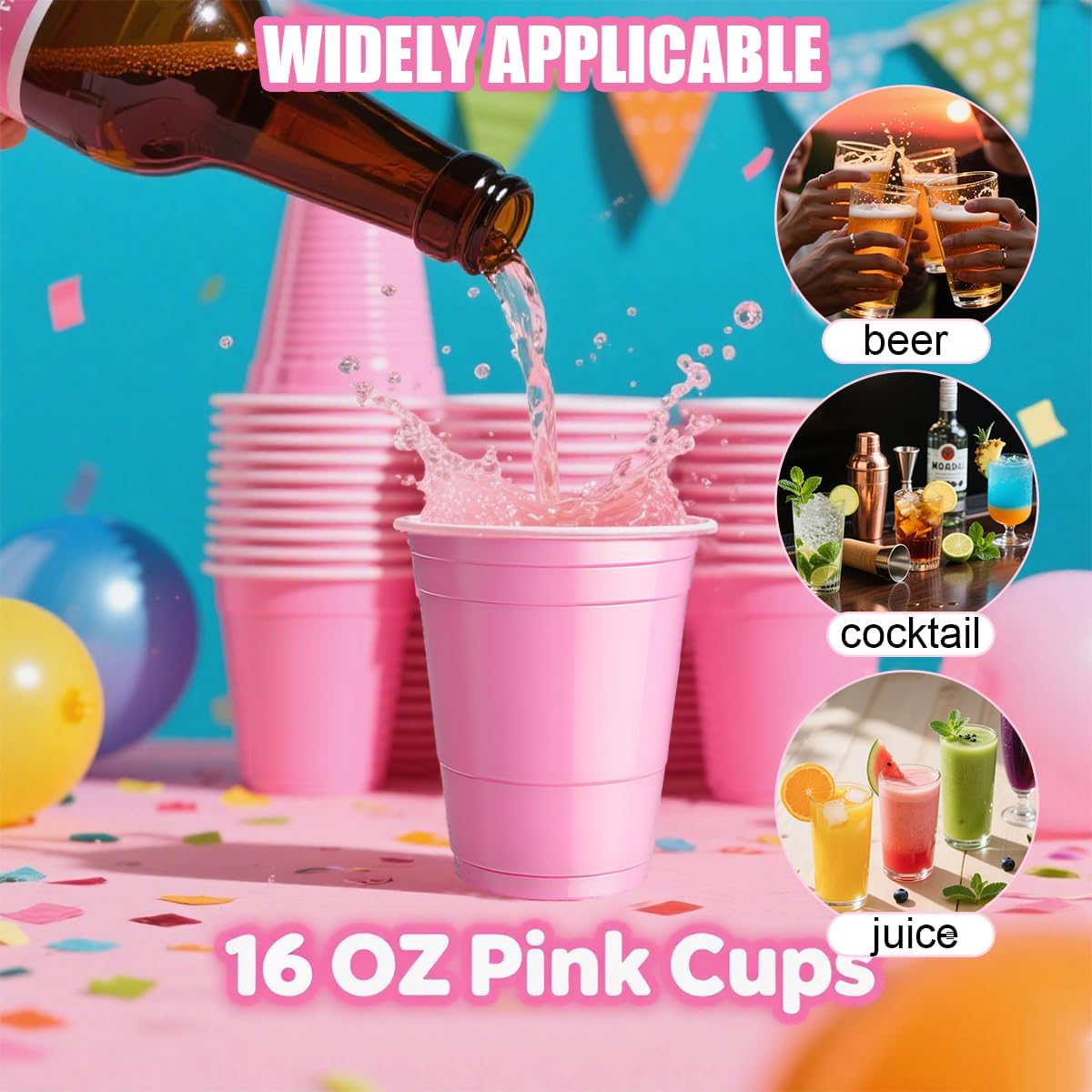 Disposable Plastic Party Cups, 16 OZ, 100 Count, Pink and Hot Pink Cold Drinking Cup for Graduation, Wedding, Birthdays, Parties, Picnics Events - Image 3