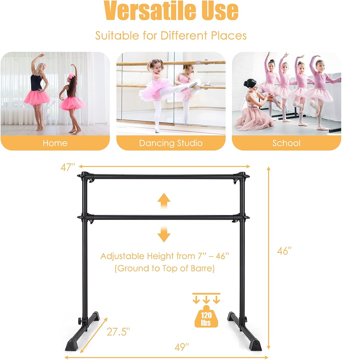 GOFLAME 4FT Ballet Barre Portable, Freestanding Double Ballet Barre Height Adjustable with Anti Slip Base, Heavy Duty Stretch Dance Bar for Home Workout