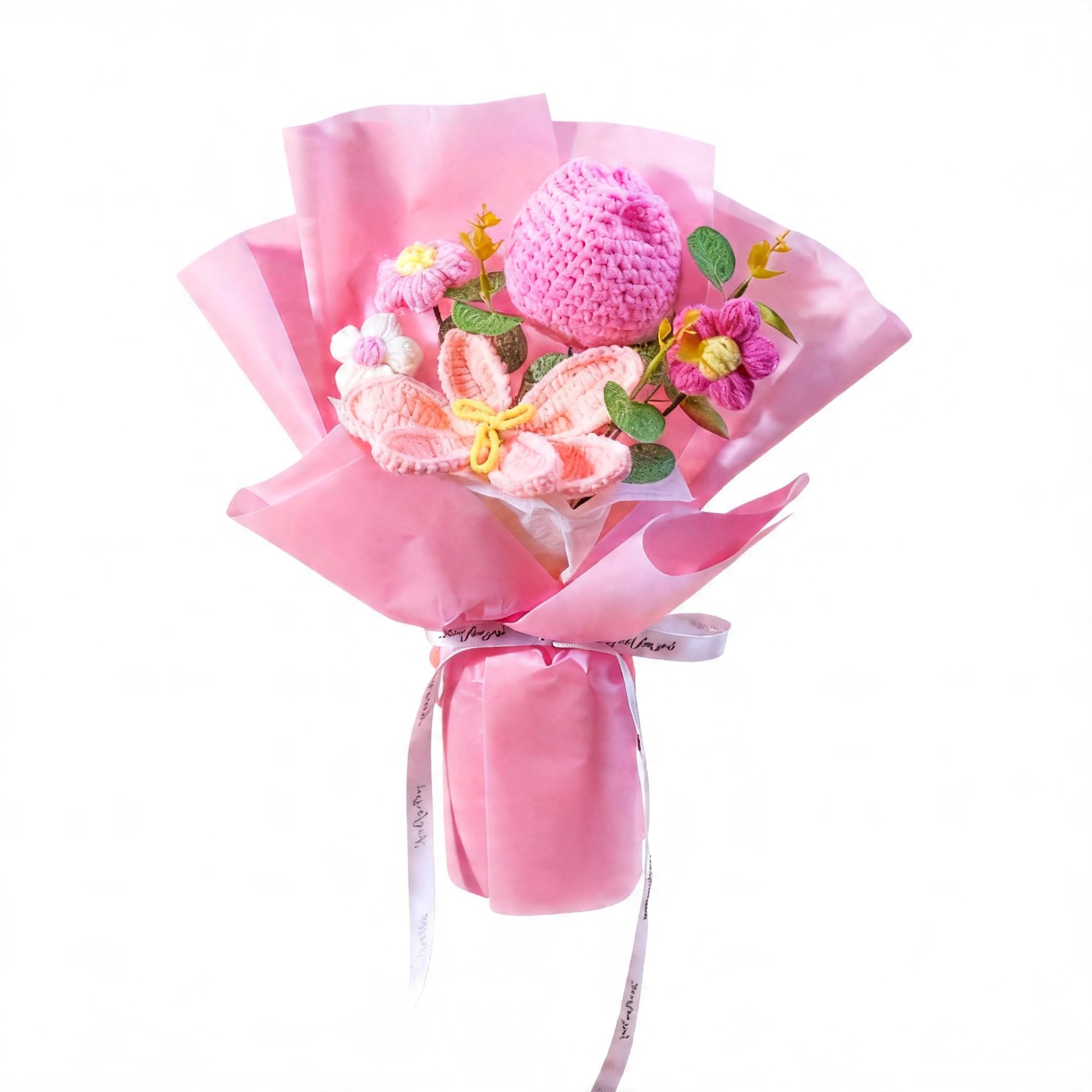 Ierklmmo Women's Pink Handmade Crochet Tulip Bouquet, Knitted Artificial Flowers Gift For Forever Yarn Flower Arrangement With Wrapping, Romantic Gift For Mother’s Day, Birthday, Graduation, Wedding