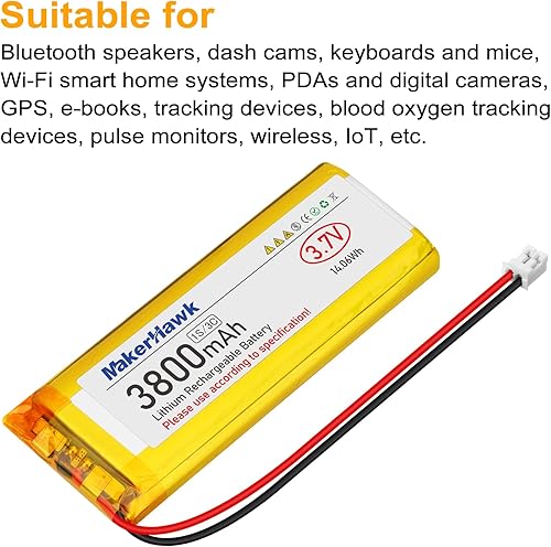 Miniatura 6 de MakerHawk Batería LiPo de 3.7 V 3800 mAh recargable 1S 3C 113386 Batería de polímero de litio con placa de protección de batería dual, enchufe micro