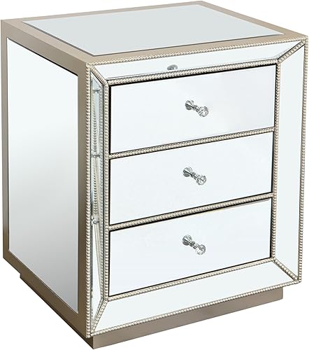 Miniatura 103 de SSLine Mesa auxiliar cuadrada con espejo con luces LED, mesita de noche con espejo, mesa auxiliar de espejo con acabado plateado para dormitorio,