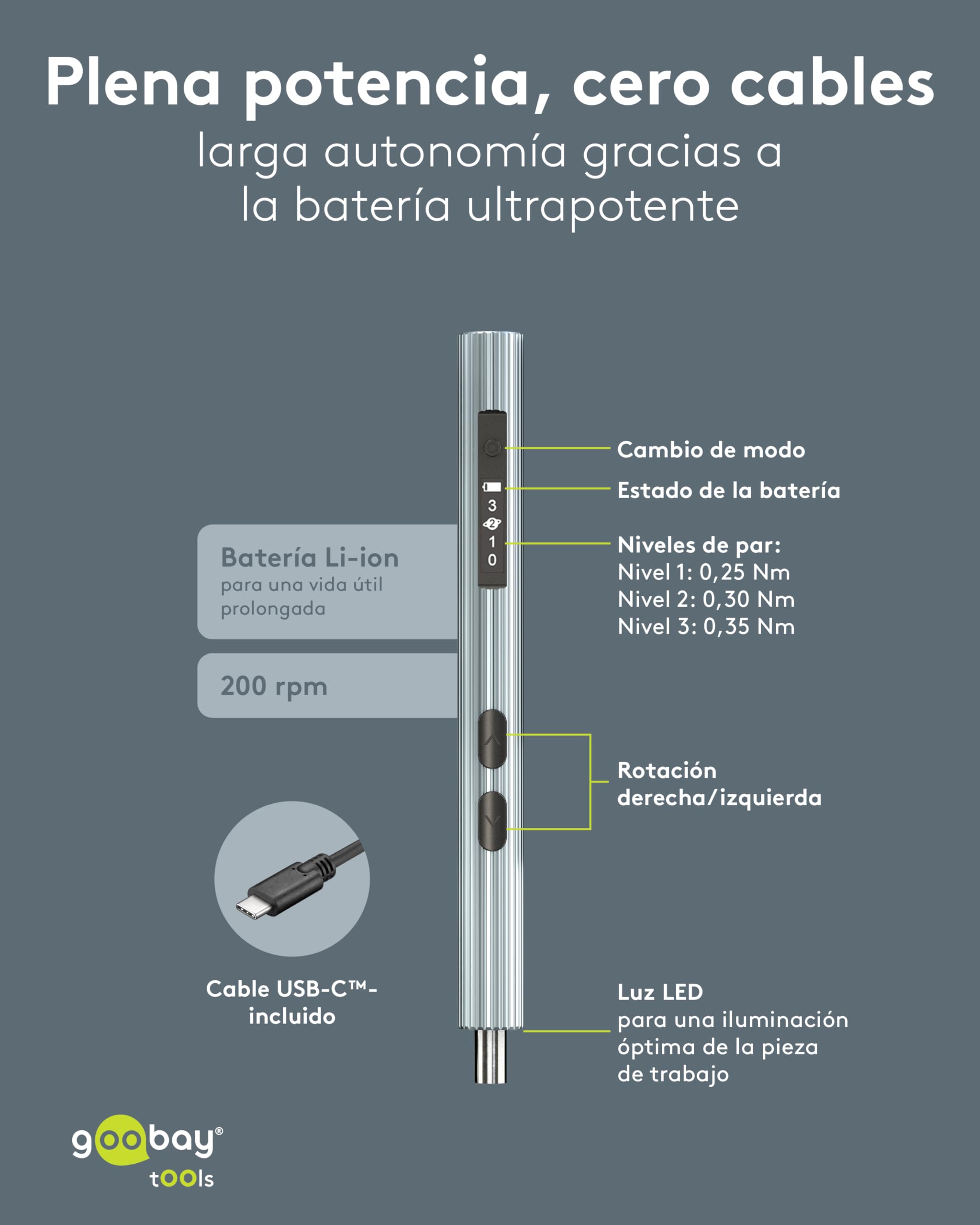goobay Destornillador eléctrico a batería 58 en 1 con 50 puntas de precisión, funda de aluminio magnética, 4 luces LED de trabajo, carga USB-C, ideal para electrónica, mecánica precisión y bricolaje