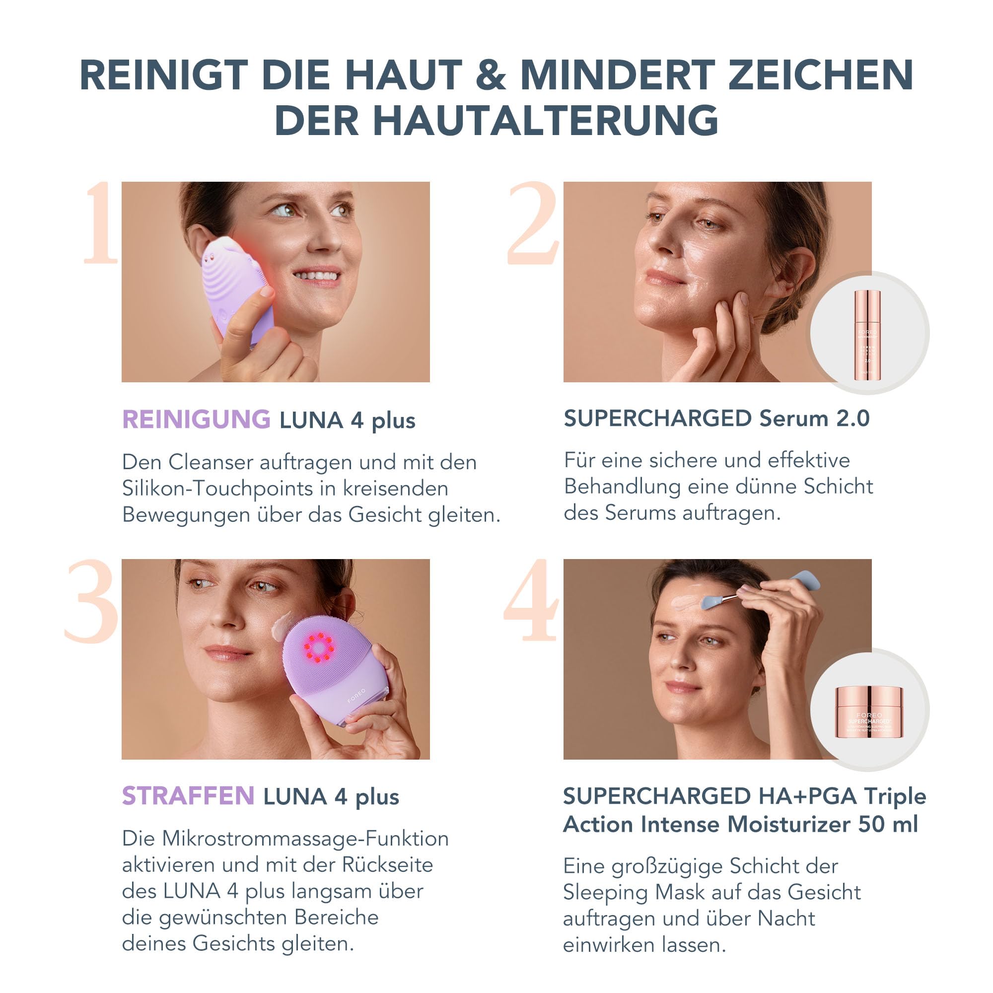 FOREO Firm & Clean - LUNA 4 plus + Serum 2.0 + Nachtmaske | Gesichtsbürste, Nahinfrarot, Rote LED, Mikrostrom, Gesichtsmassage, Leitserum, Nachtmaske, Straffend