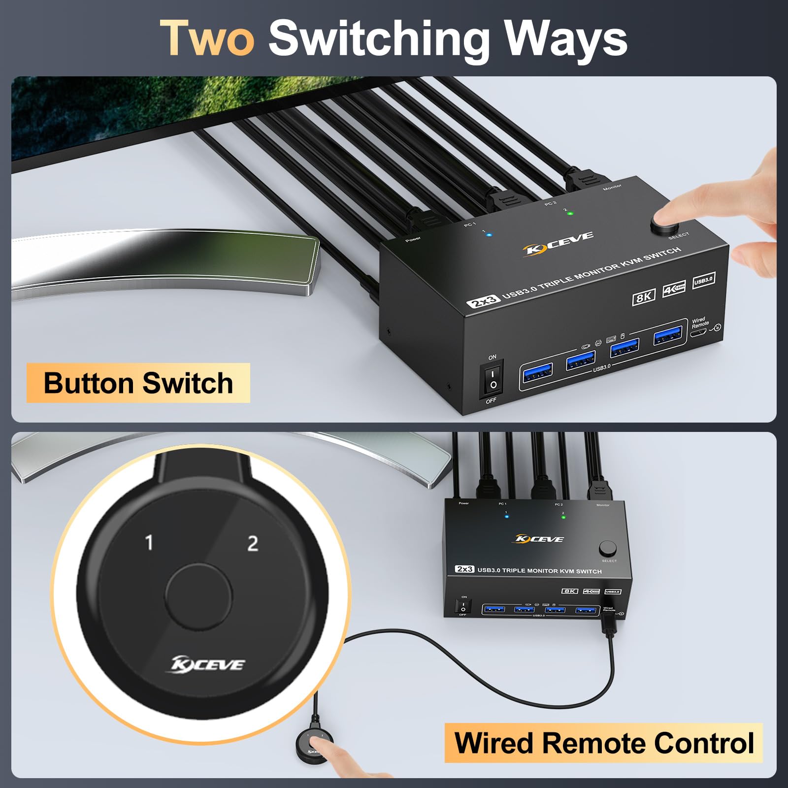 KVM Switch 2 PC 3 monitory 8K 60 Hz 4K 144 Hz, potrójne monitory, 2 HDMI + DisplayPort, przełączniki KVM z 4 portami USB 3.0, przewodowym pilotem zdalnego sterowania i 2 kablami USB
