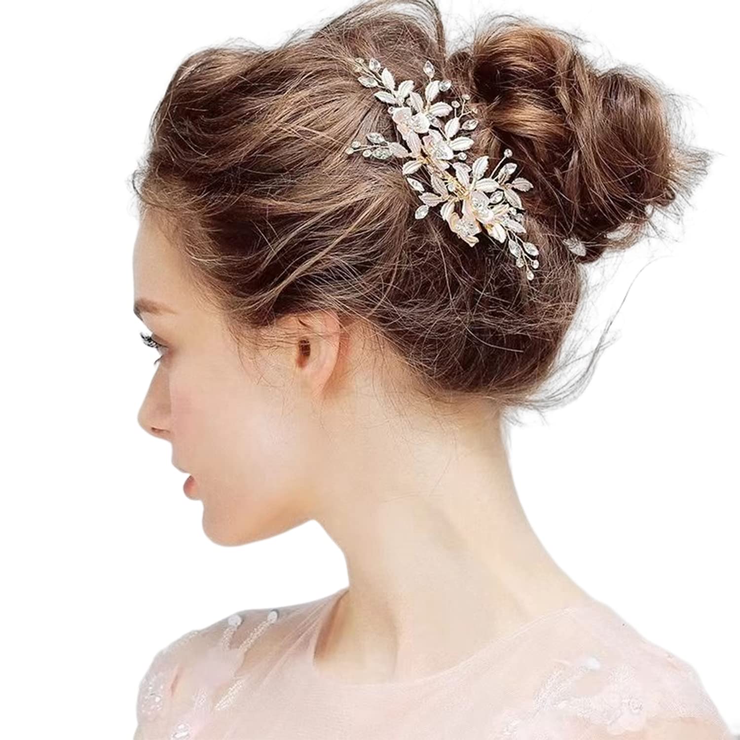 Leaf Wedding Hair Comb Golden Flower Rhinestone Bridal Hair Accessories Wedding Headpiece for Brides Women and Girls