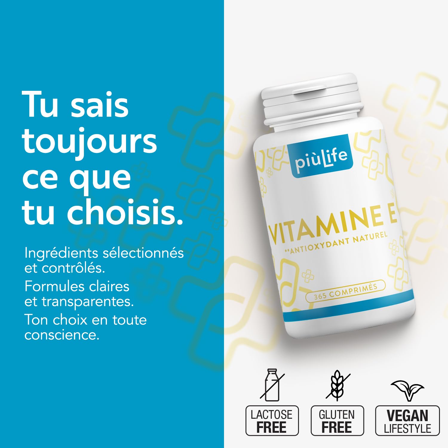Vitamine E Pure 120mg Par Dose 178UI PiùLife, 365 Comprimés Complément Alimentaire Vitamine E Visage Peau, Yeux Vue, Vitamine Cheveux, Bien-être Antioxydant, 2 Comprimés Par Jour