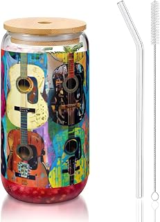 Vasos de cristal de color acústico y guitarras con tapas de bambú y popotes, taza de café, tazas en forma de lata, vasos, cócteles, transparentes