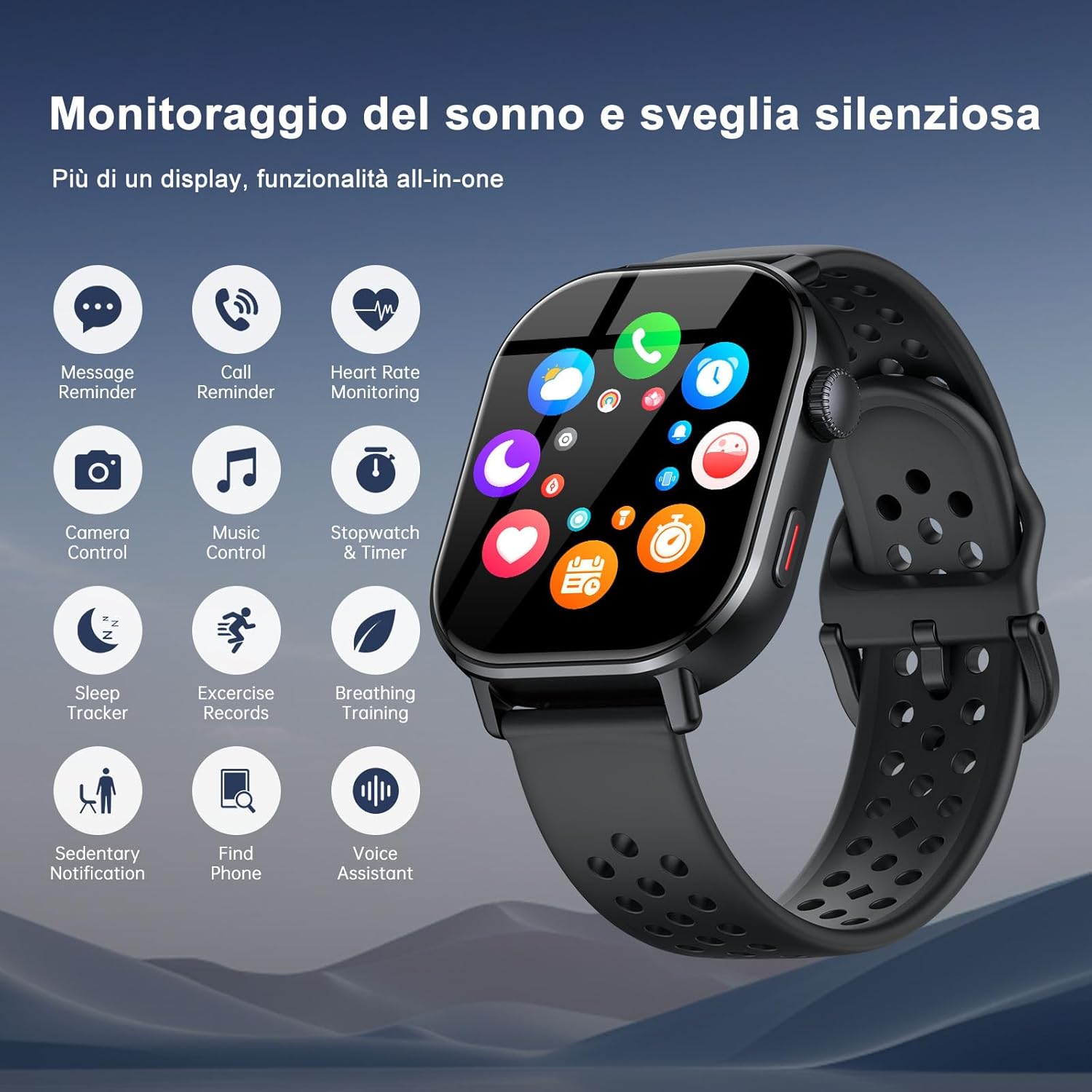 Jugeman P131 smartwatch displaying icons for various multi-functions including message reminder, call reminder, heart rate monitoring, camera control, music control, stopwatch, sleep tracker, exercise records, breathing training, sedentary notification, find phone, and voice assistant.