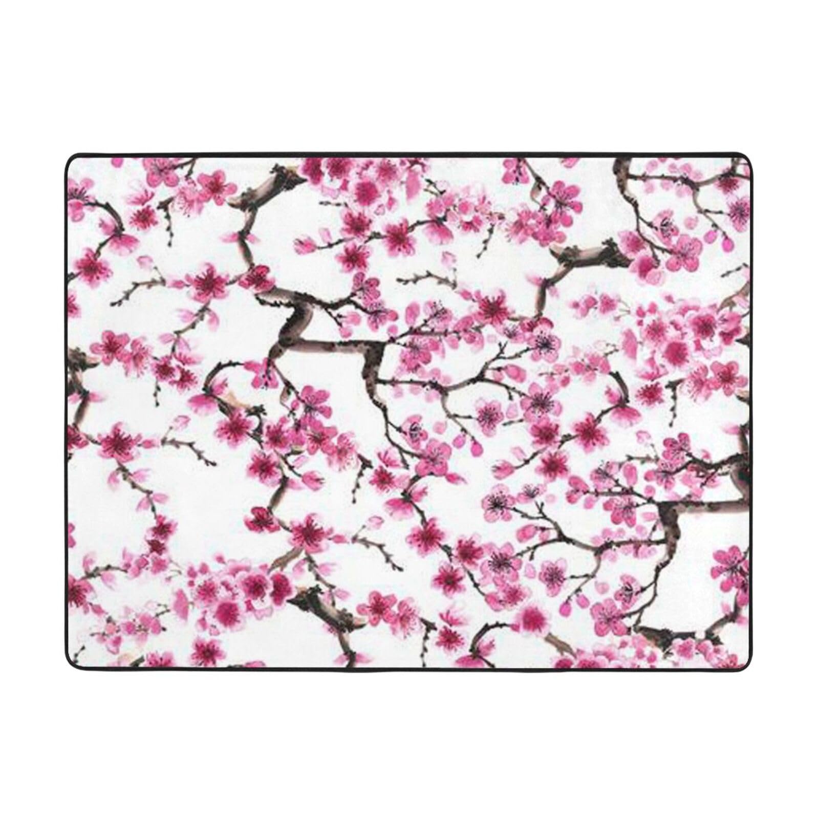 Tapis antidérapant grand salon lavable fleurs cerisier