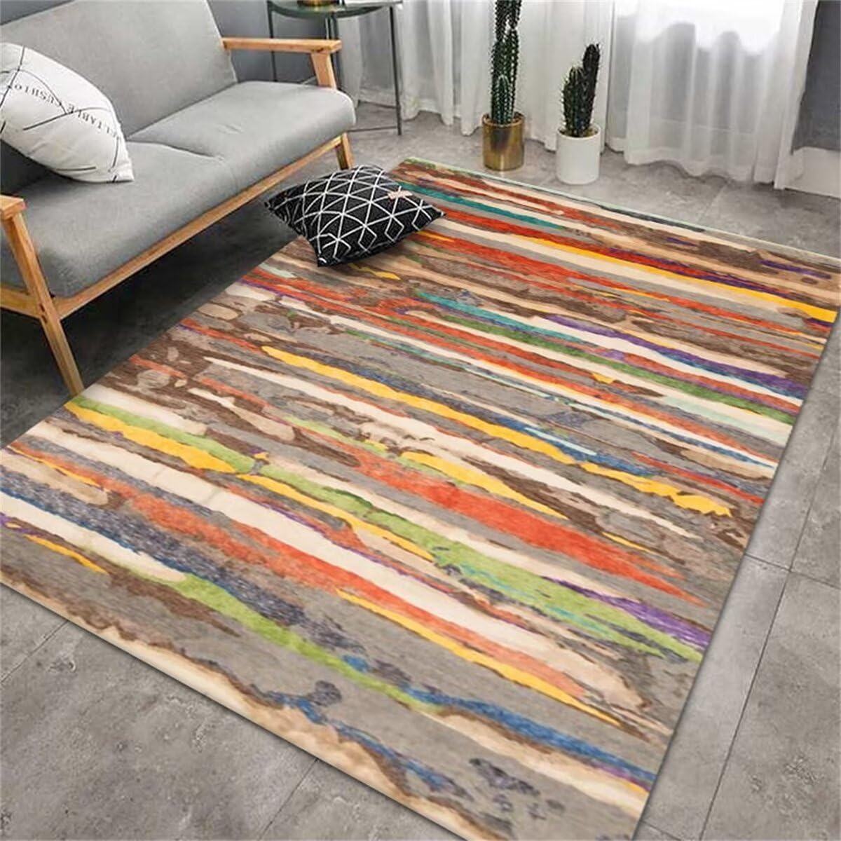 Tapis motif de rayures abstraites orange et gris pour salon