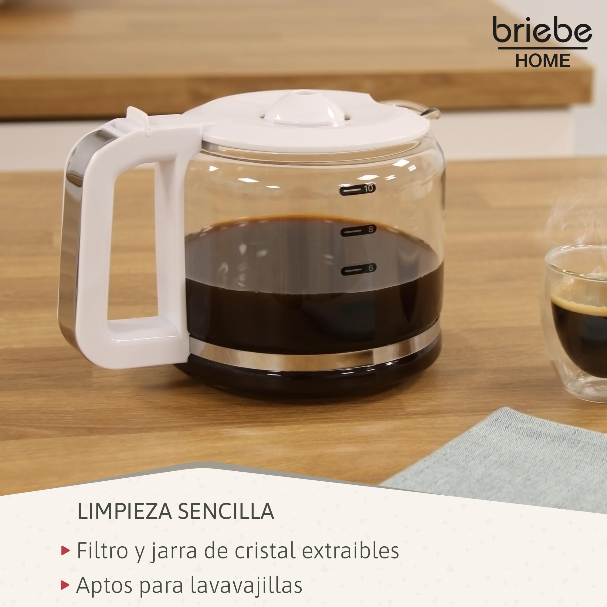 briebe Elegance Cafetera Goteo 10 Tazas Máquina de Café Filtro Permanente Reutilizable, Función Mantener Caliente, Sistema Antigoteo 1,25L, Blanco