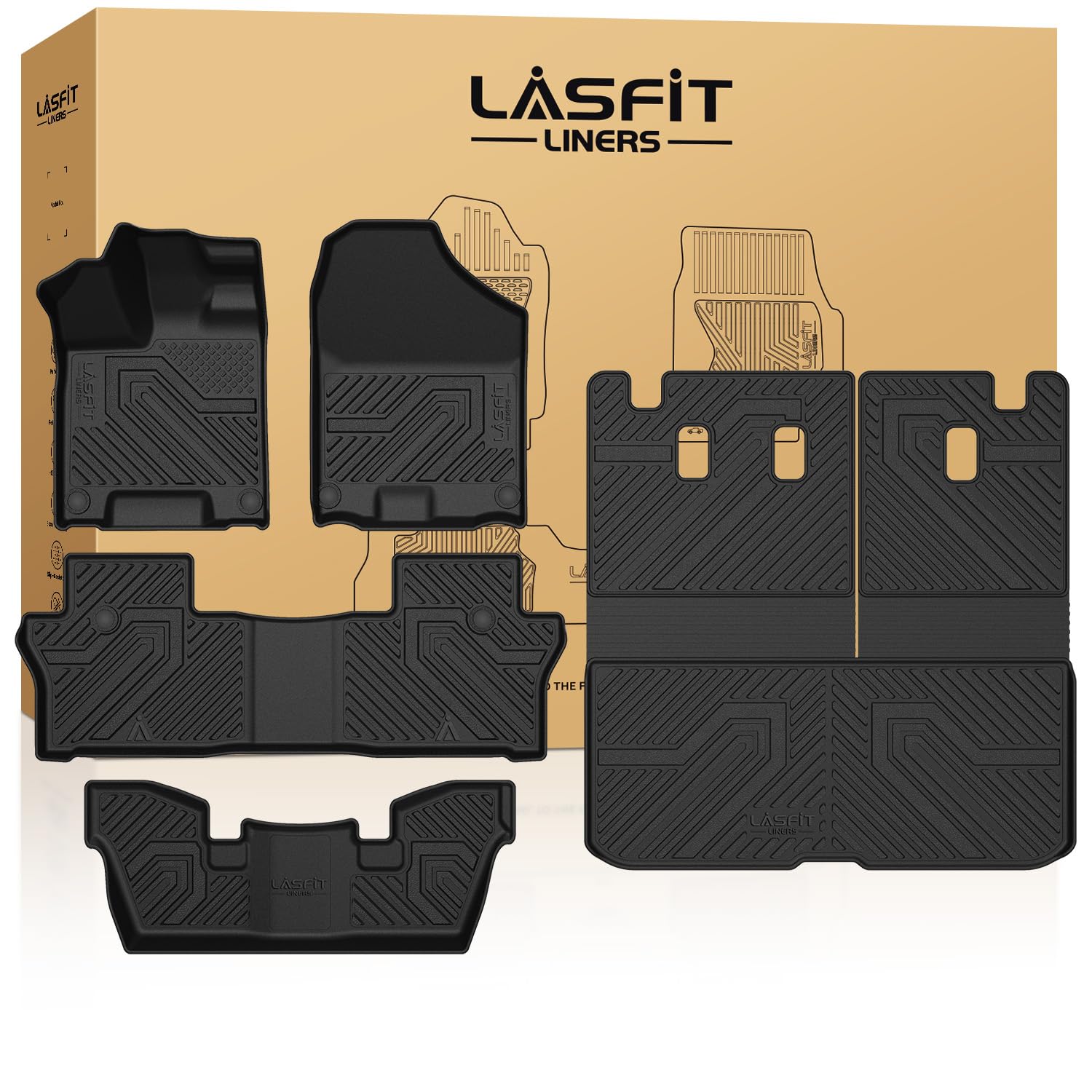 LASFIT Floor Mats & Cargo Mat for Honda Pilot 2016-2022 (7 Passengers), Split & One-Piece Foldable Seating TPE Floor Liners Accessories, 1st & 2nd & 3rd Row & Cargo Liner with Backrest Mat, Black