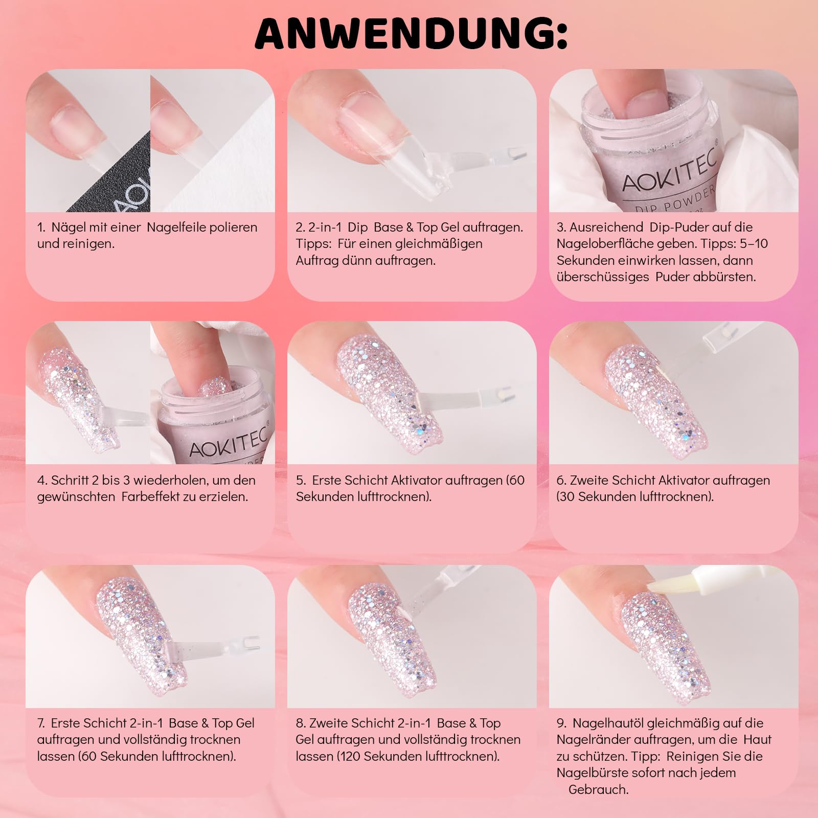 Aokitec Dipping Powder Nail Set – różowy i błyszczący proszek do dipów z płynną bazą do dip bazy, akcesoria do paznokci, zestaw do łatwego zabrania ze sobą, do samodzielnego wykonania paznokci