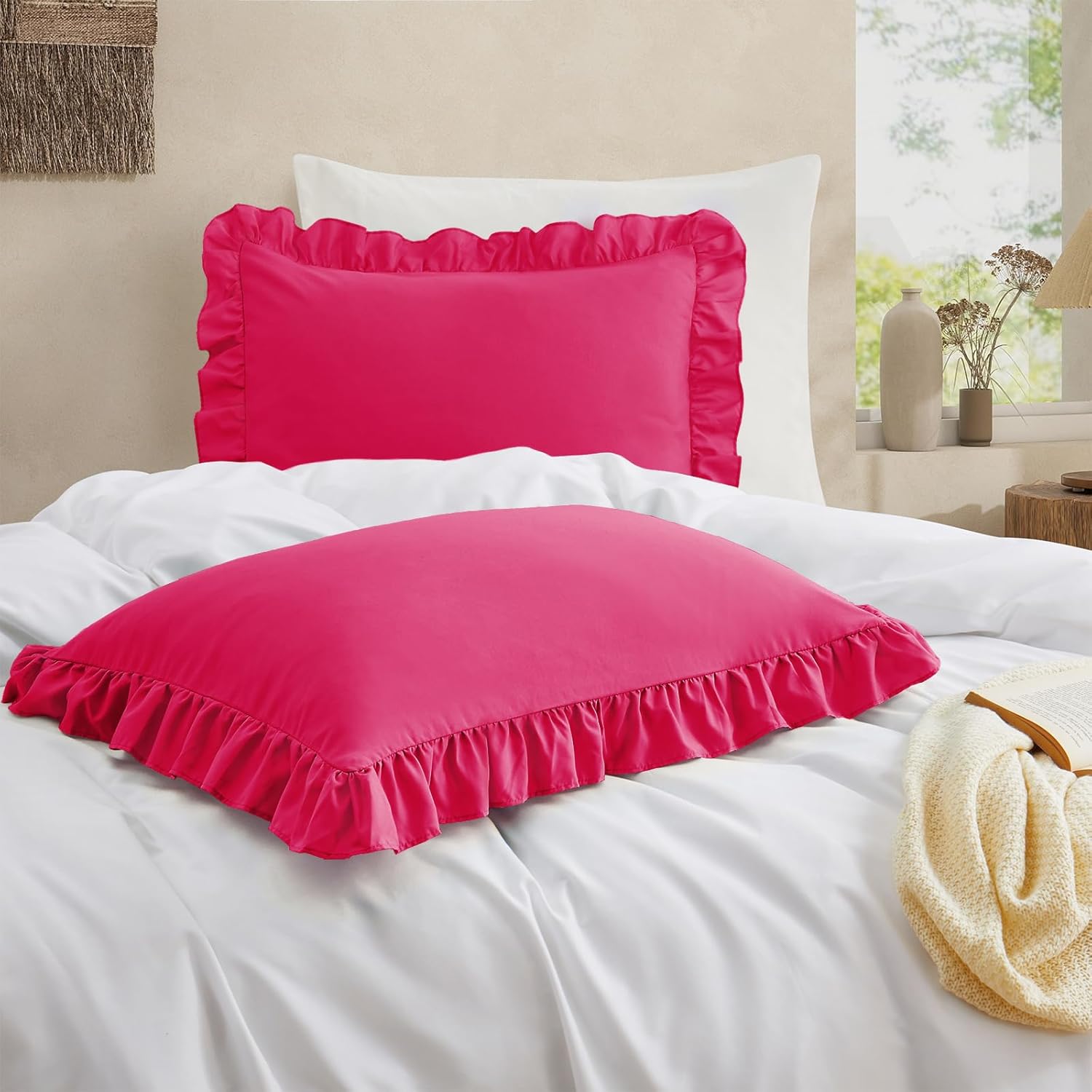 Ruffled Pillow Cases Set of 2, White Standard Pillow Shams Brushed Microfiber Edge Ruffled Soft Pillow Cover with Envelope Closure for Bedding Decor (20"x26")