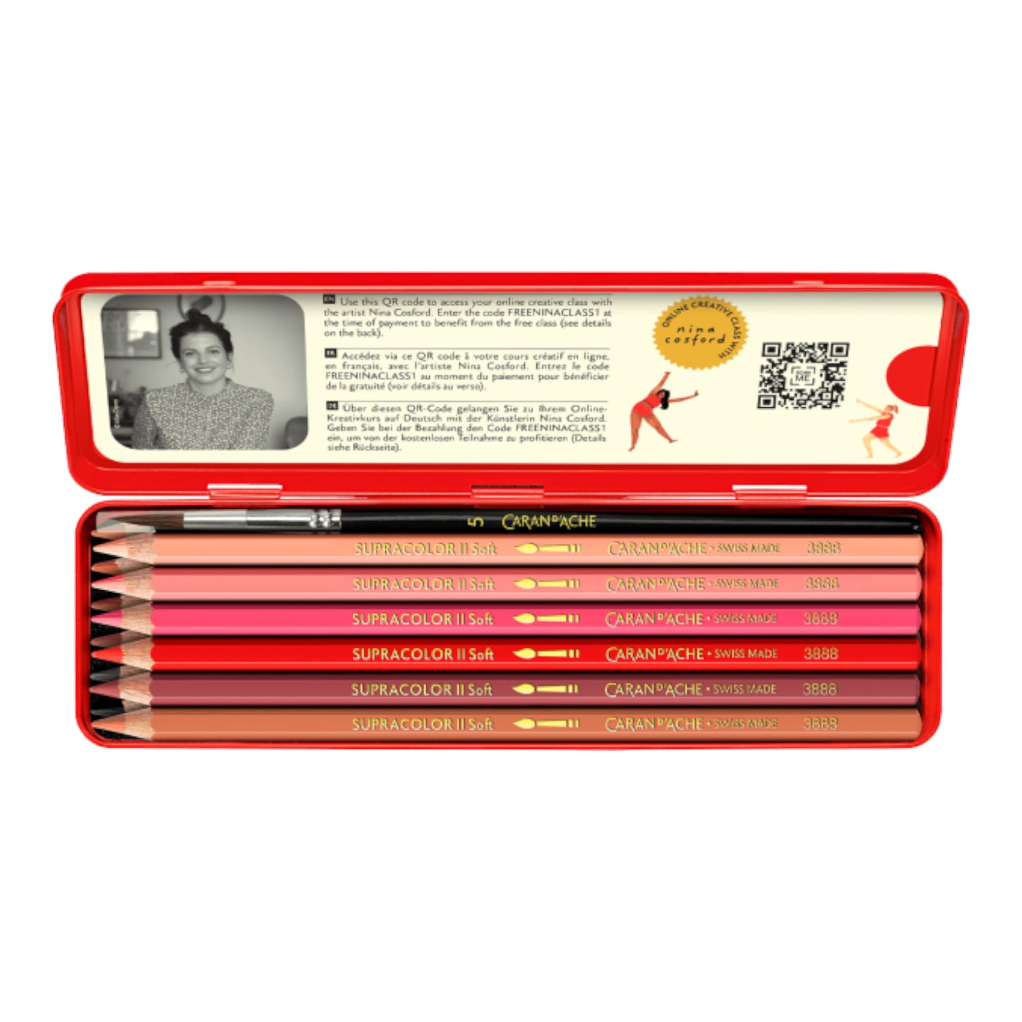 CARAN D'ACHE Nina Cosford Lot de 13 crayons de couleur et accessoires avec cours en ligne, édition spéciale, fabriqué en Suisse