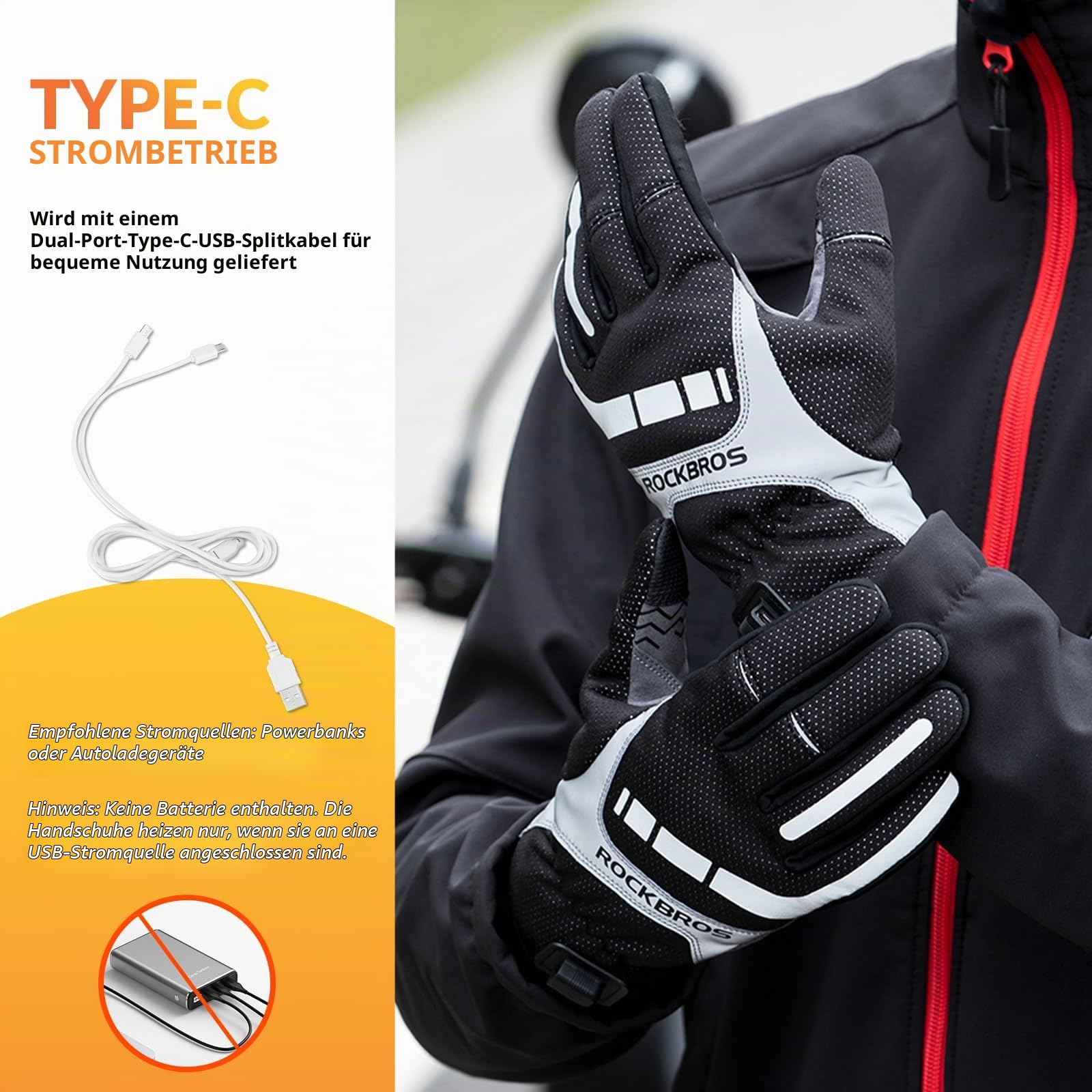 ROCKBROS Beheizbare Handschuhe über USB, Fahrradhandschuhe reflektierend und stoßdämpfend, Winterhandschuhe mit Touchfunktion für Damen und Herren, ideal für Radfahren, Wandern, Büro und Außenbereich