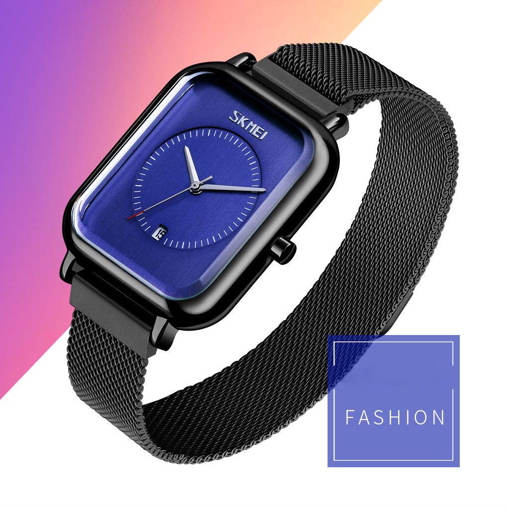 MASTOP Reloj unisex para hombres y mujeres, reloj analógico de cuarzo impermeable de acero inoxidable con fecha de hora, esfera rectangular, reloj de vestir de negocios