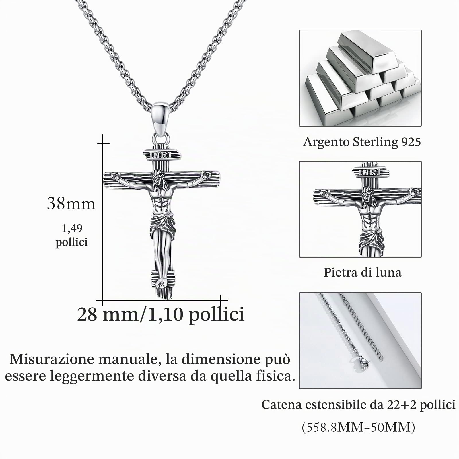 Collana con croce di Gesù in argento sterling 925 Amuleto Catena cristiana Gioielli da uomo e da donna