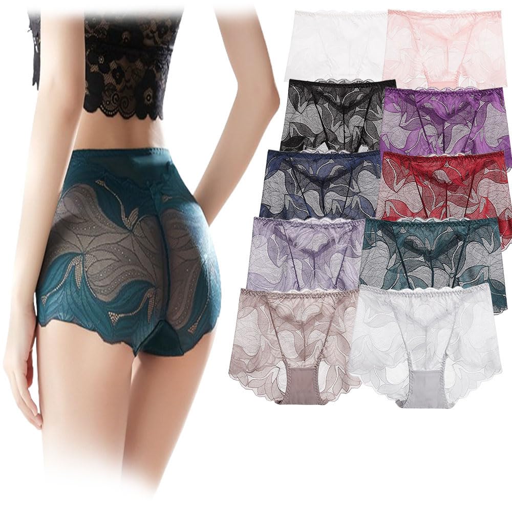 Biancheria Intima in Pizzo di Seta Fatta a Mano per Le Donne, Hollow Ricamo Sexy Lacy Panties, Vita Alta Senza Cuciture Hip-Lifting Panties, Biancheria Intima Sexy per Le Donne. (XL,10 Pezzi)