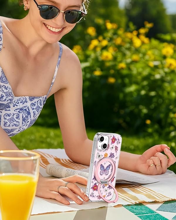 Loheckle for iPhone 15 Case - Compatible with MagSafe Stand Women Girls Cute Clear Girly Aesthetic Kawaii Design Soft TPU Protection Built-in Stand Phone Cover for iPhone 15, Butterfly Flower by Loheckle - Used condition - Image 5