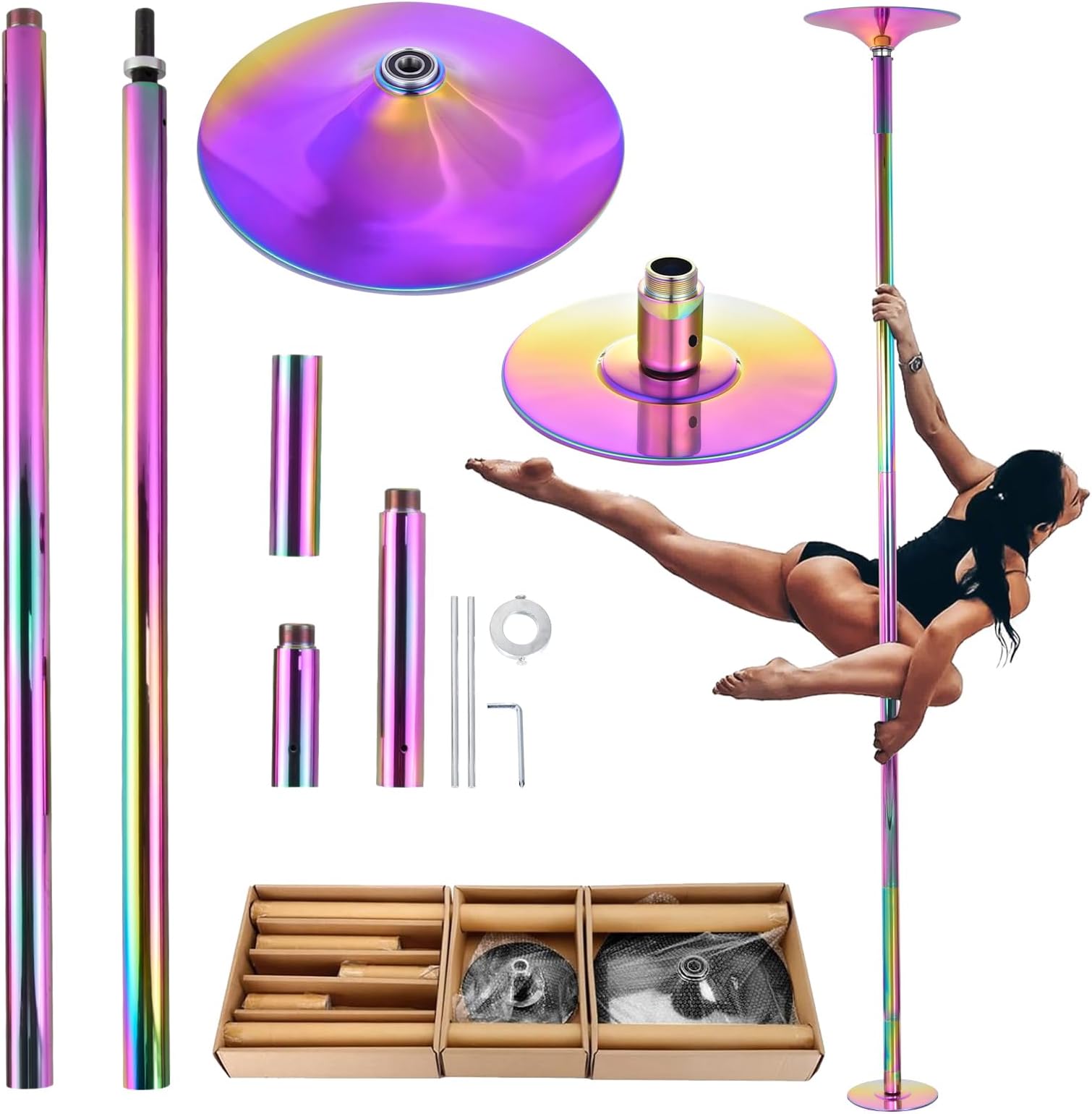 Generisch Pole Dance Dance Pole, 45 mm Spinnings Dance Pole with Extension, Height Adjustable, Static & Rotating, 88-108 Inch Gym Bar Indoor for Home, 150 kg Load Capacity