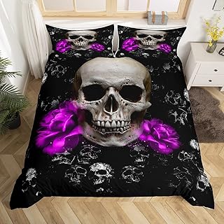 Erosebridal Sugar Skull Comforter Cover Purple Floral Bedding Set Gothic Skull Print Duvet Cover Set for Kids Youth Adults Room Decor Skeleton Bones Blossoms Quilt Cover with 1 Pillow Case Twin Size