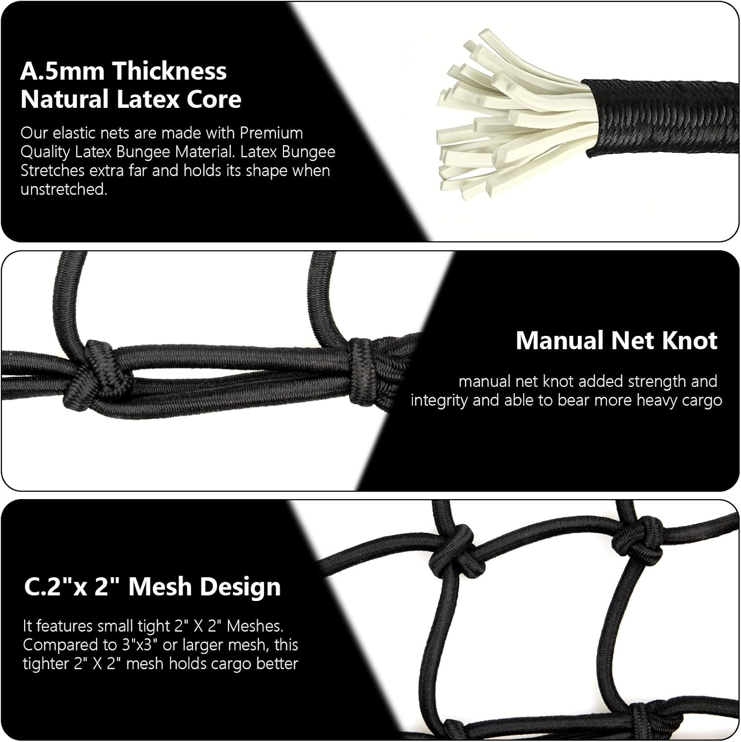 Small Cargo Net with 6 Thicken Hooks, 15"x15" Stretches to 30"x30", Helmet Net with 2"x2" Small Mesh for Motorcycle, Bike, Surfboard, Canoe, Scooter Accessories (Black)