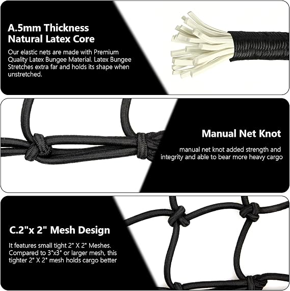 Small Cargo Net with 6 Thicken Hooks, 15x15 Stretches to 30x30, 2Pcs Helmet Net with 2x2 Small Mesh for Motorcycle, Bike, Surfboard, Canoe, Scooter Accessories (Black)