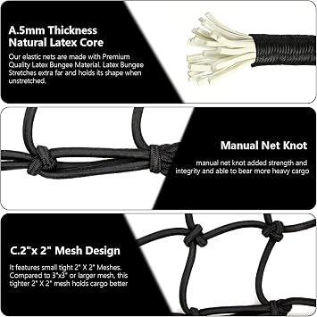 Small Cargo Net with 6 Thicken Hooks, 15x15 Stretches to 30x30, 2Pcs Helmet Net with 2x2 Small Mesh for Motorcycle, Bike, Surfboard, Canoe, Scooter Accessories (Black)