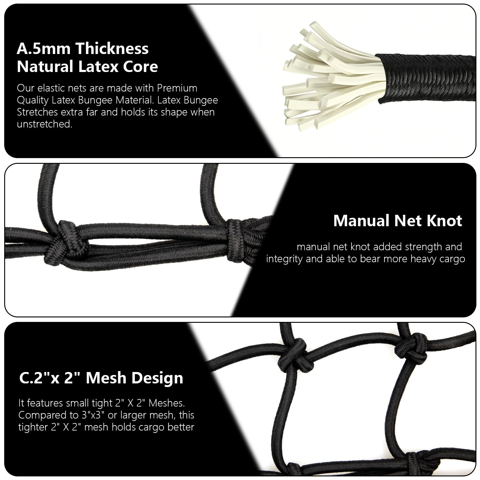 Kleines Gepäcknetz mit 6 dicken Haken, 38,1 x 38,1 cm dehnt sich auf 76,2 x 76,2 cm, 2 Stück Helmnetz mit 5,1 x 5,1 cm kleinem Netz für Motorrad, Fahrrad, Brett